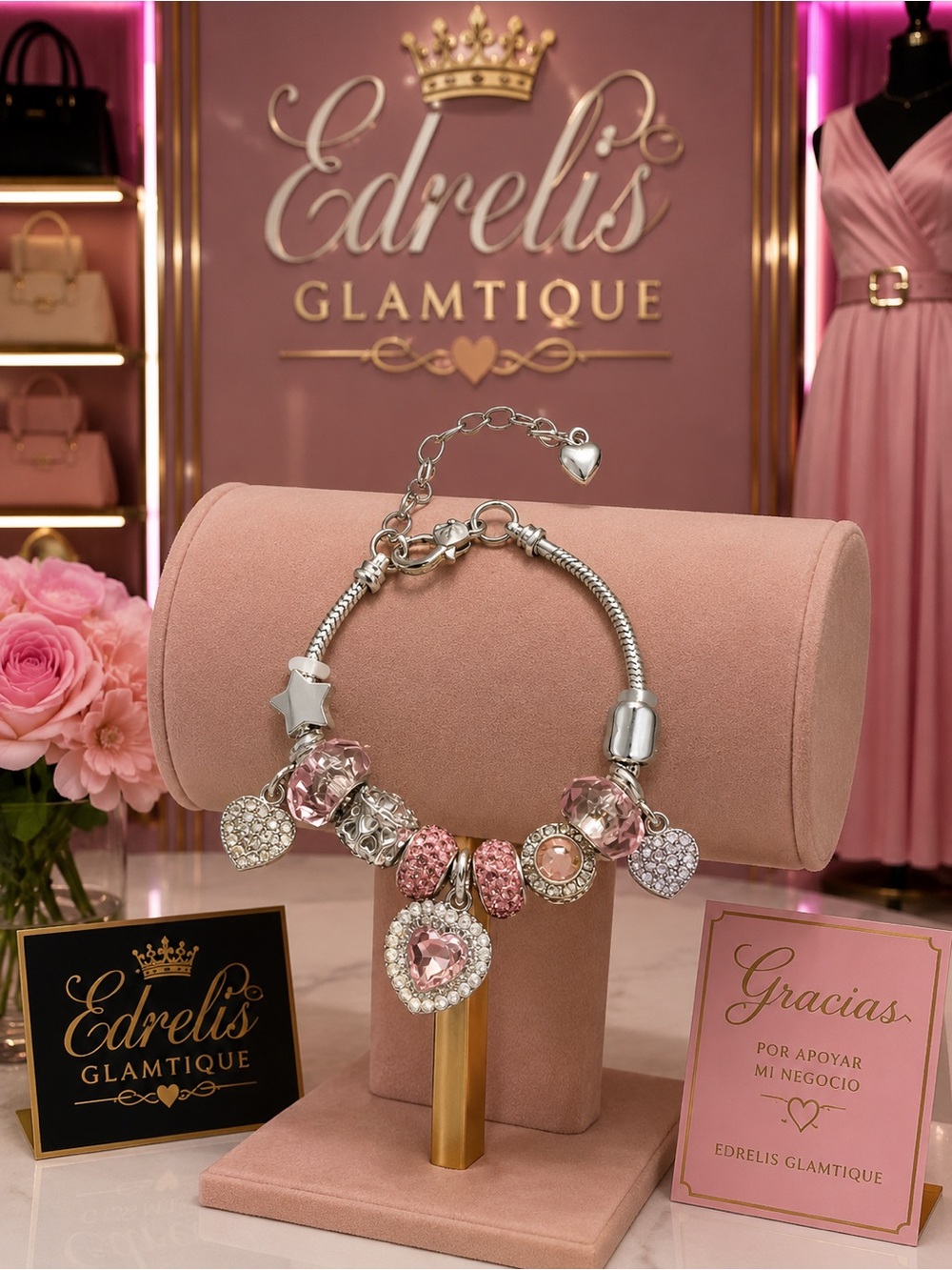 Pink Crystal Heart Charm Bracelet